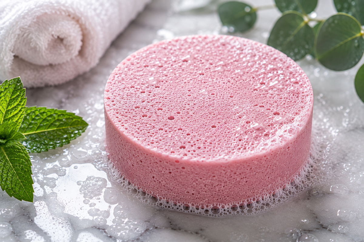 A pink, porous shower steamer sitting in soapy water on a marble surface, with a rolled towel, mint leaves, and green leaves in the background.