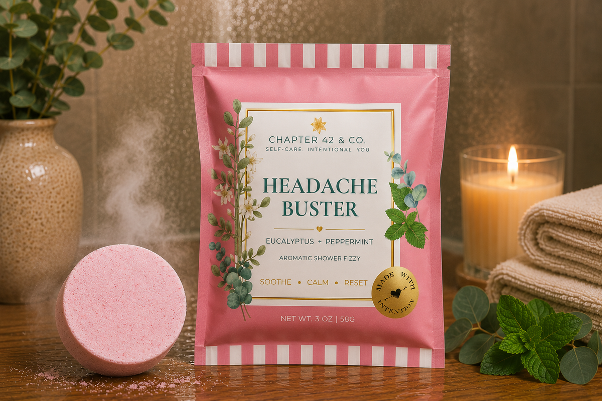A pink stand-up pouch labeled 'Headache Buster' by Chapter 42 & Co. is centered on a wooden surface, with a matching pink shower fizzy in front and spa-style props including a candle, folded towel, mint leaves, and a vase in the background.