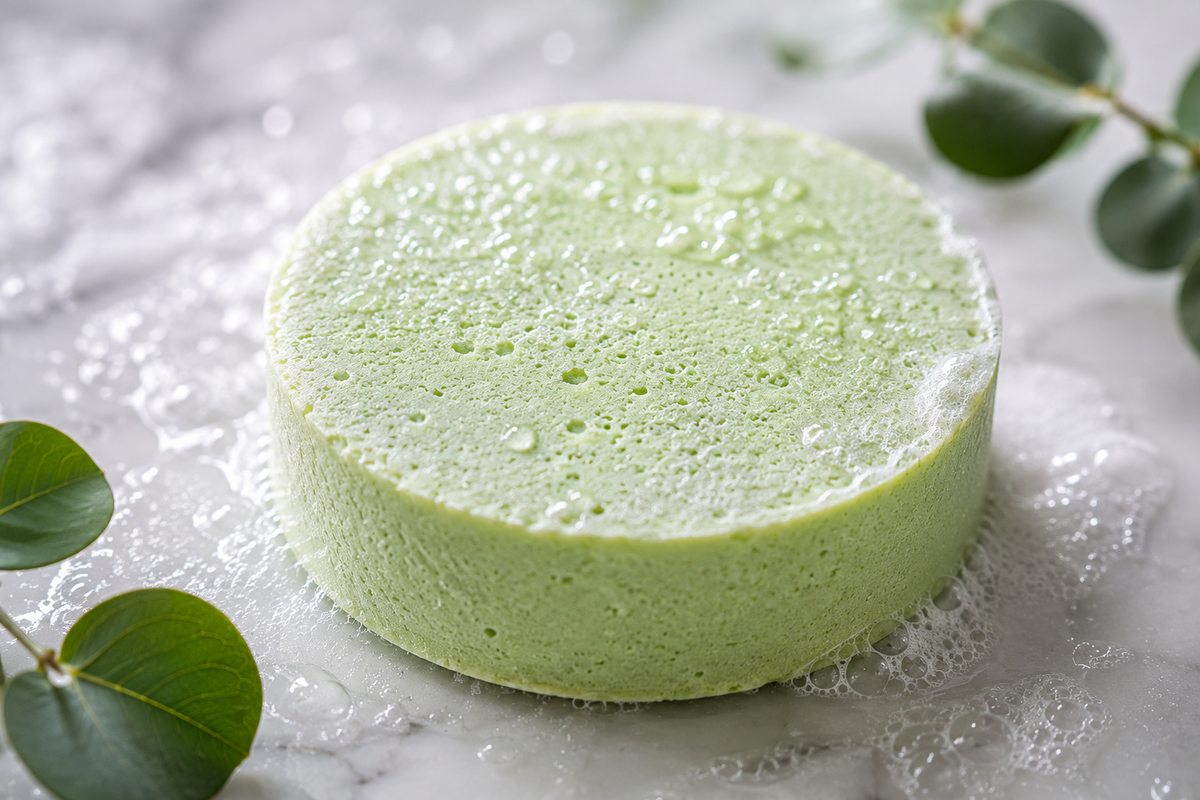 A round, light green puck with a foamy, bubbly texture, presented on a white marble surface with scattered water droplets and eucalyptus leaves.
