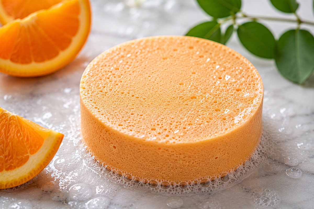 A round orange shower steamer with a bubbly texture, styled on a marble surface with orange slices and green leaves.