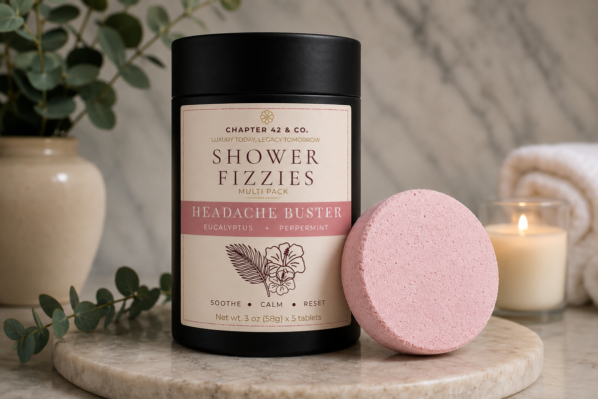 A black cylindrical tin of Chapter 42 & Co. Shower Fizzies 'Headache Buster' multipack sits on a marble tray next to a pink shower steamer, with a lit candle and eucalyptus branches in the background.