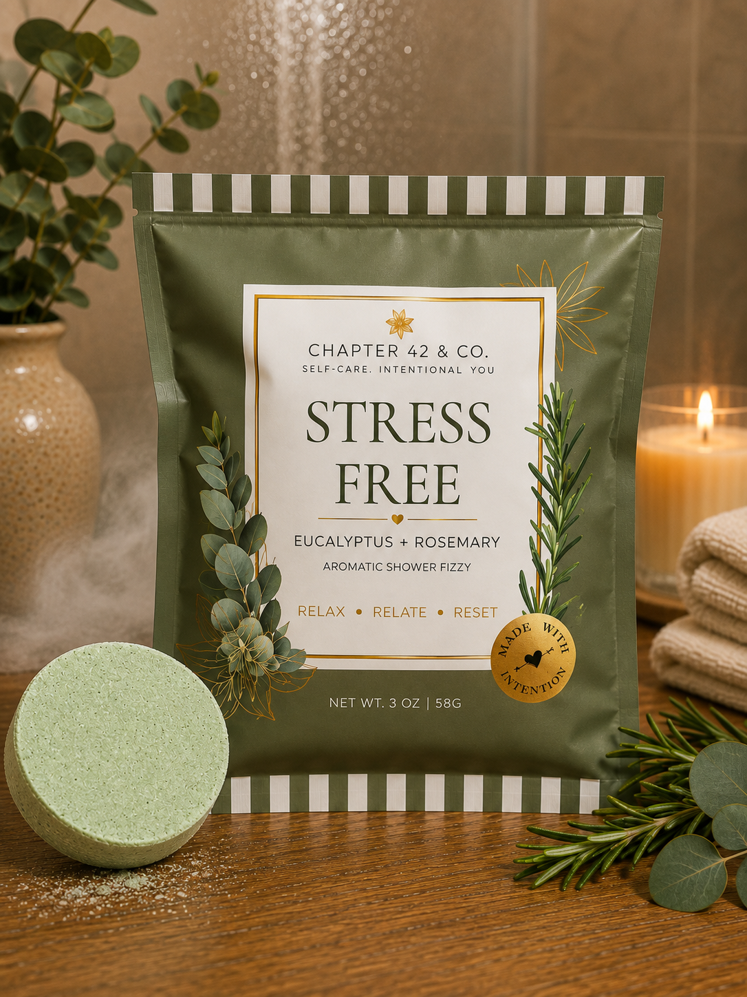 A pouch of Chapter 42 & Co. Stress Free shower fizzie sits on a wooden surface with a round bath bomb in front and eucalyptus and rosemary sprigs around it.