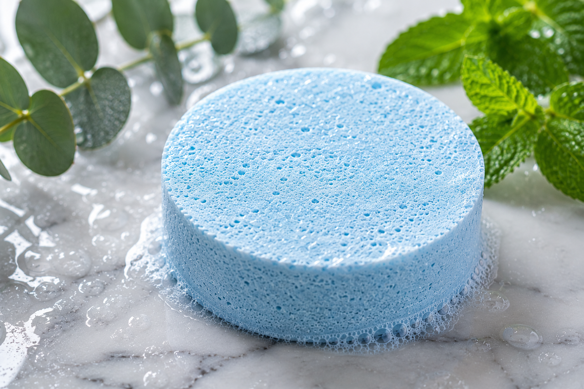 A round light blue shower fizzy with a porous texture, resting on a white marble surface with water droplets, surrounded by green eucalyptus leaves and mint leaves.